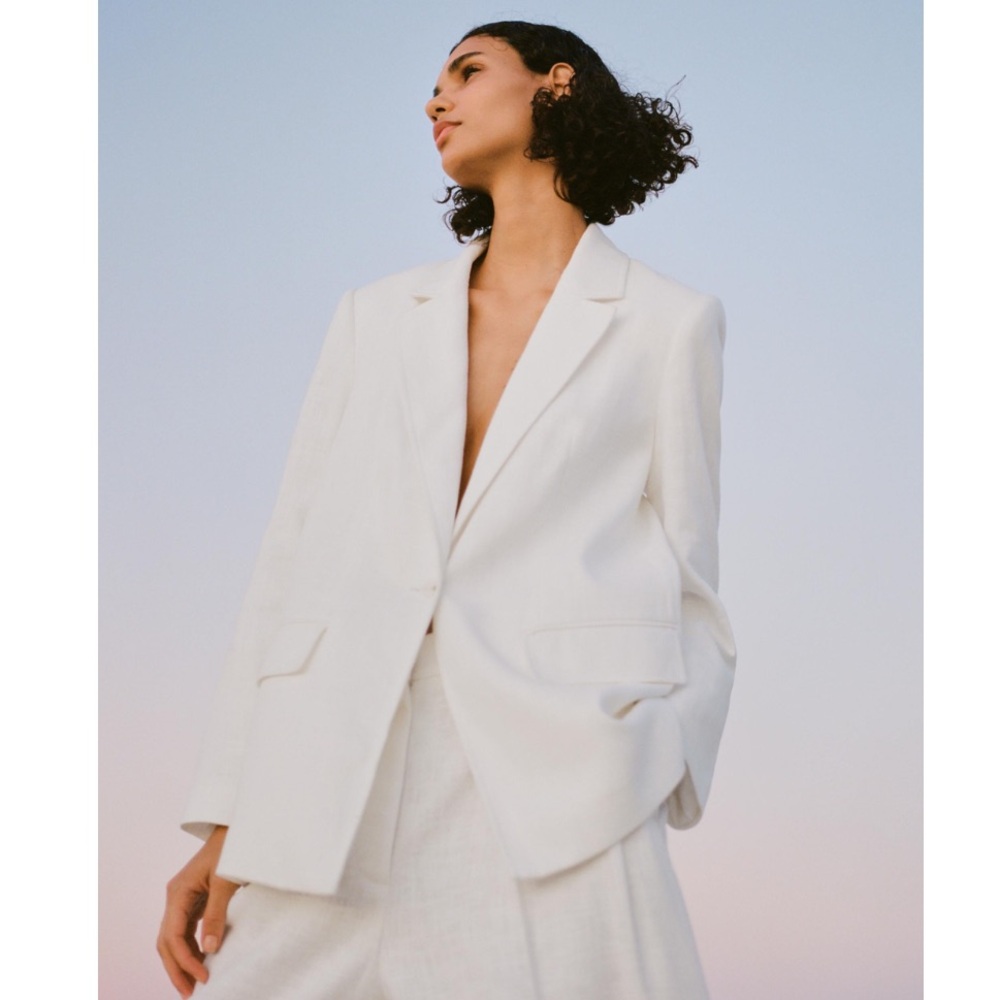 NWT Zara White Cotton Ramie Single Button Blazer Classic Boyfriend XL